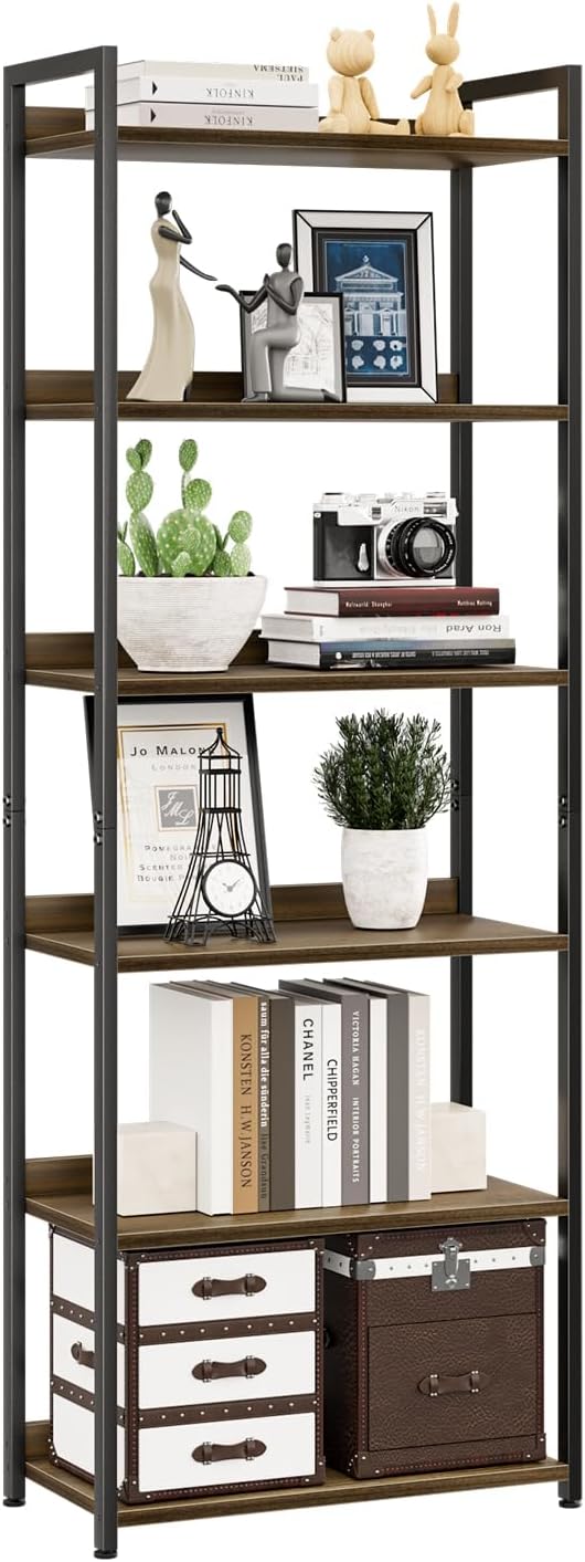 NUMENN Bookshelf, 6 Tier Freestanding Shelving Unit, Dark Walnut | Metal Frame by NUMENN