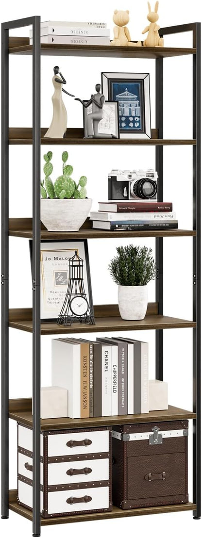 NUMENN Bookshelf, 6 Tier Freestanding Shelving Unit, Dark Walnut | Metal Frame by NUMENN