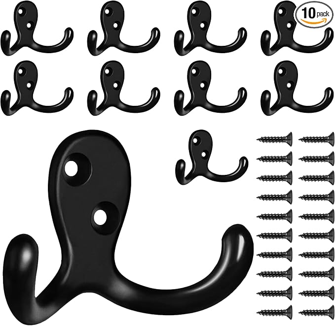 10 Pack Coat Hooks Wall Hooks for Hanging, Heavy Duty Double Prong Metal Hook by CBWLWJ