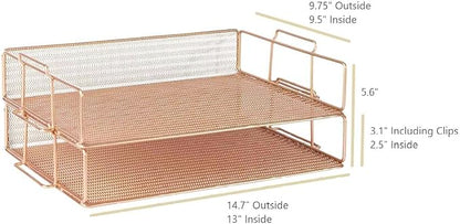 BLU MONACO Rose Gold Mesh Paper Tray – Set of 2 Stackable Letter Trays – - Image 6