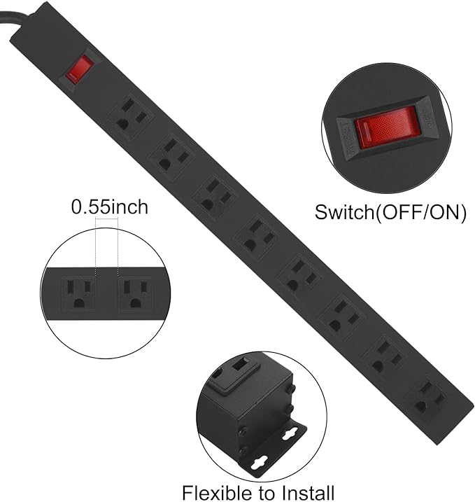 HHSOET Metal Wide Spaced Power Strip, 8 Outlets, 1200J Surge Protector - Image 3