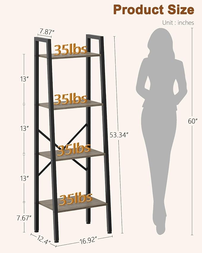 Hoctieon 4-Tier Industrial Ladder Bookshelf, Narrow Ladder Shelf, Tall Standing - Image 3