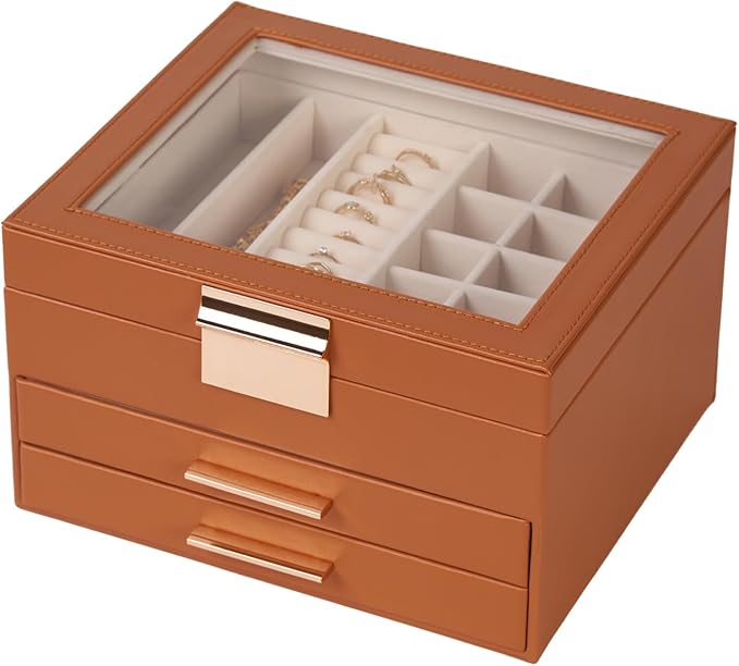 Jewelry Box Organizer with Glass Lid, 3-Layer Jewelry Storage, with 2 Drawers by Unknown
