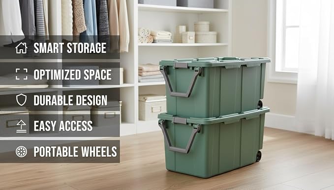 40 Gallon Light Green Rolling Industrial Storage Bins 2-Pack, Heavy-Duty Plastic - Image 2