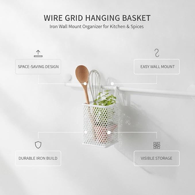 Wire Grid Hanging Basket, Iron Wall Mount Organizer - Image 4