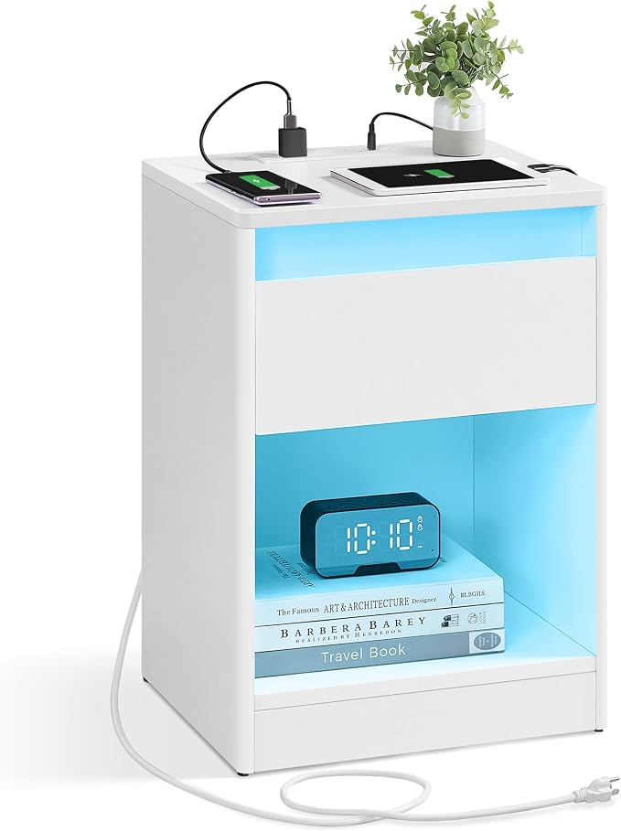 VASAGLE LED Nightstand with Charging Station, Adjustable Light Colors, 2 AC by Unknown