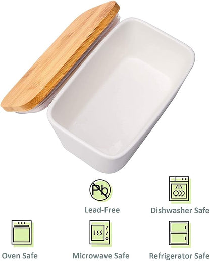 Butter Dish with Lid, LARGE 650ml Porcelain Keeper with Bamboo Lid Cover - Image 5