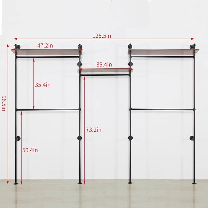 Industrial Iron Pipe Clothing Rack, 40inch Black Vintage Retro Shelving Wall - Image 3
