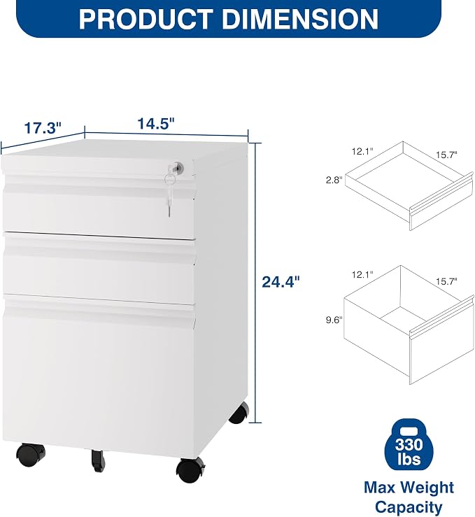 3 Drawer Mobile Metal File Cabinet, Pre-Built Office Storage File Cabinet - Image 2
