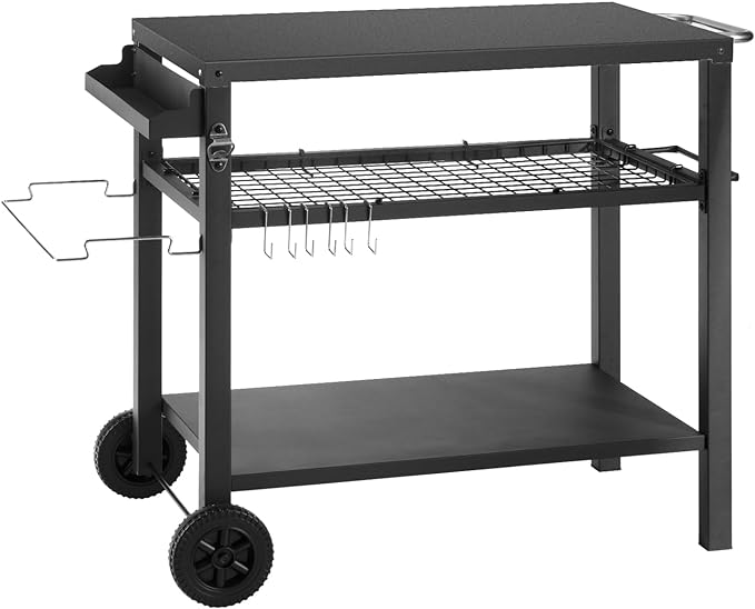 Dining Cart Table with Three Shelf, Movable Outdoor BBQ Grill Pizza Oven Stand by DNKMOR