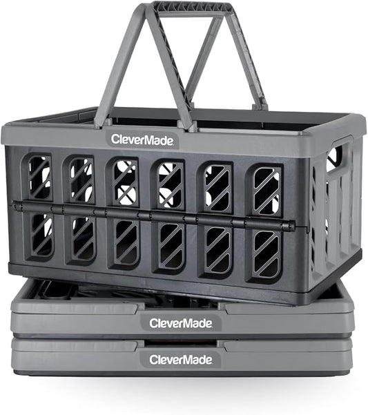 CleverMade Collapsible Shopping Basket, 3PK - 24L Reusable Plastic Grocery by CleverMade