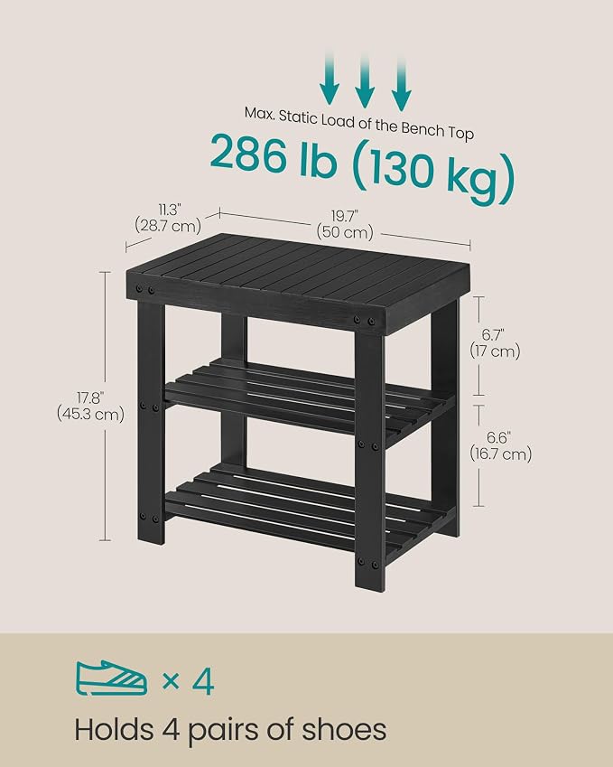 SONGMICS Shoe Rack Bench, 3-Tier Bamboo Shoe Storage Organizer, Entryway Bench - Image 2