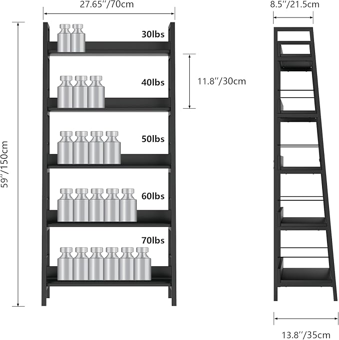 Himimi Black Ladder Bookshelf, 5 Shelf Bookcase Industrial Bookshelf Wood and - Image 2