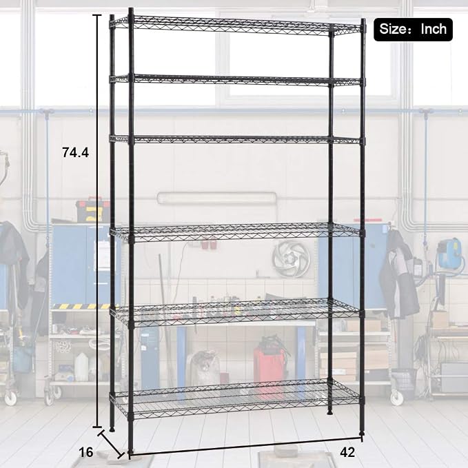 PayLessHere | 6-Tier Wire Shelf | 42"x16"x72" | Black | Adjustable Racks | - Image 3