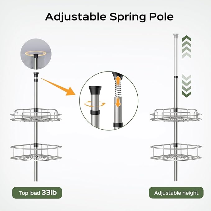 HAMITOR Corner Shower Caddy Tension Pole: 4-Tier Rust-Resistant Adjustable - Image 4