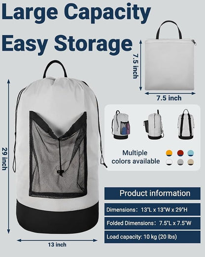 Laundry Bag with Shoulder Straps and Mesh Pocket Laundry Backpack Large - Image 2