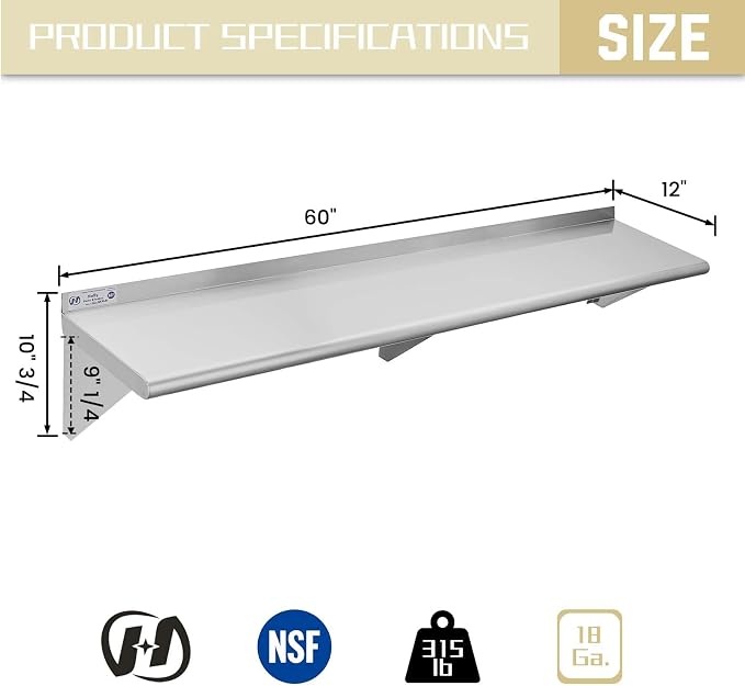 Hally Stainless Steel Shelf 12 x 60 Inches 315 lb, NSF Commercial Wall Mount - Image 3