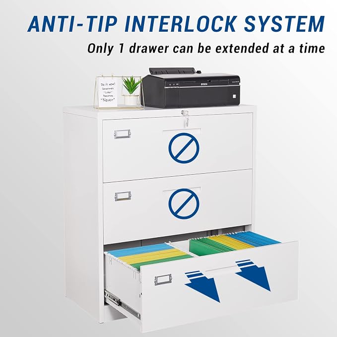 Lateral File Cabinet with Lock, 3 Drawer Large Metal Filing Cabinet, Home - Image 4