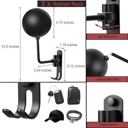 SANGMO 3 Pack 180° Motorcycle Helmet Rack, Rotation Metal Helmet Holder Wall - Image 2