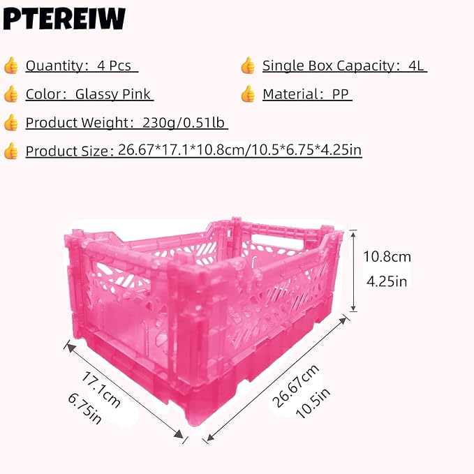 4L Plastic Storage Crates, Collapsible Basket - Image 2