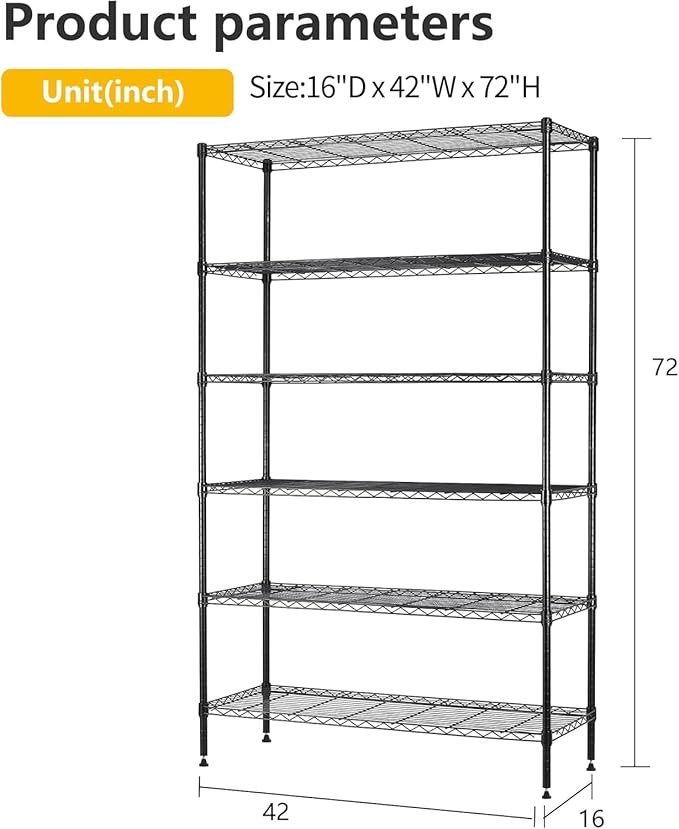 BestOffice | 6-Tier Wire Shelf | 42" x 16" x 72" | Black | Storage Shelves - Image 3
