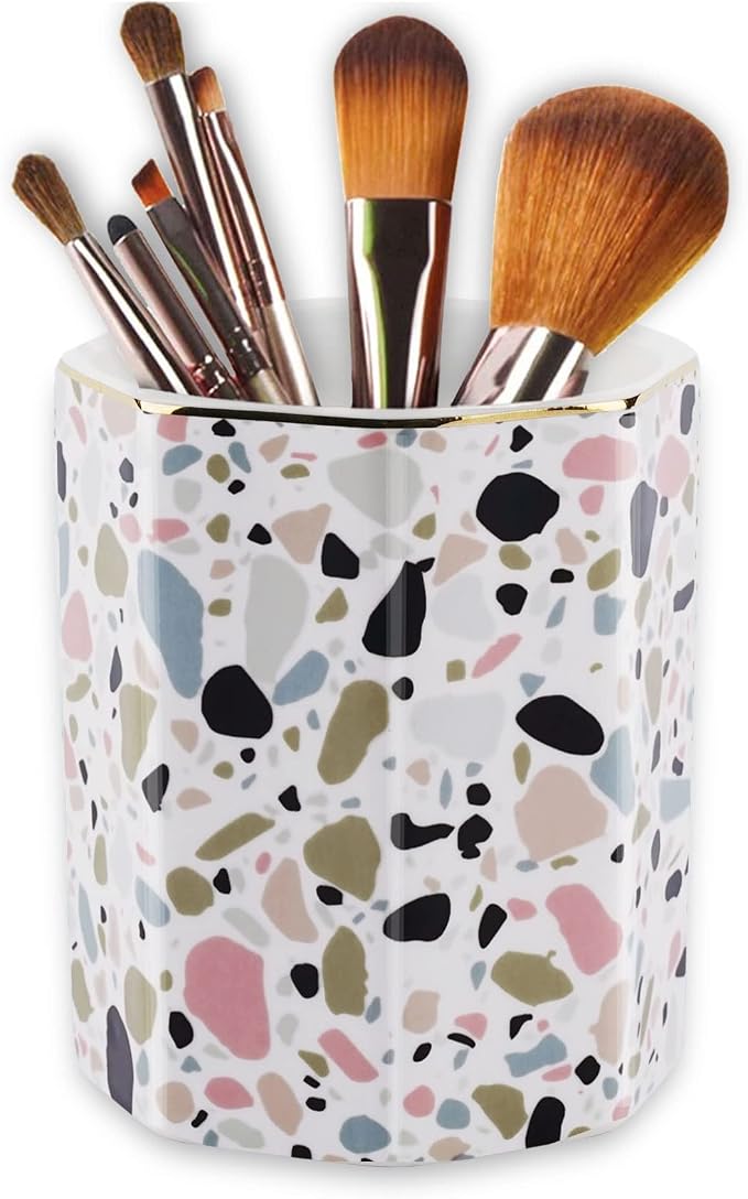 Pen Holder, Makeup Brush Holder Ceramic Shiny Gold Terrazzo Marble Stone - Image 5