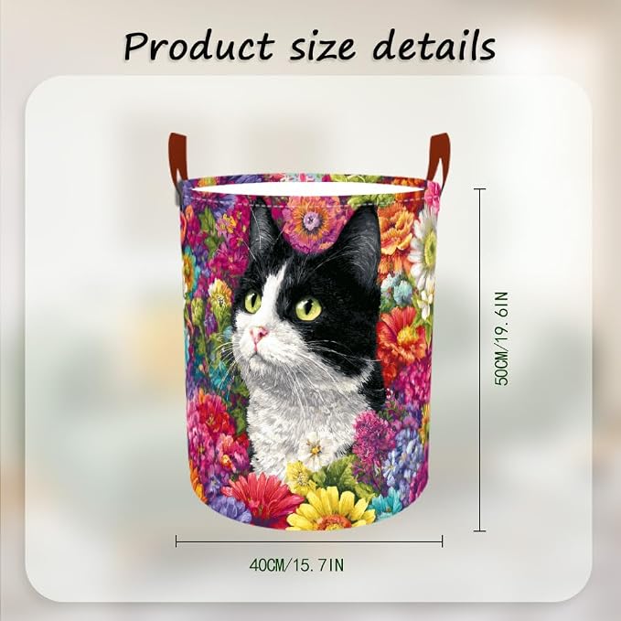 Laundry Baskets 15.7x19.7 Inch Large Cat Floral Garden Design Collapsible - Image 3