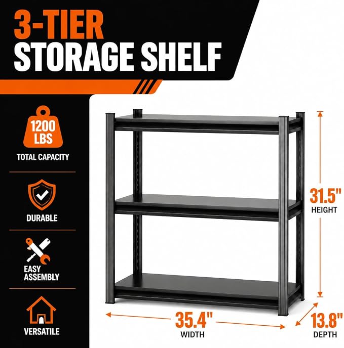 Garage Shelving Small Bookshelf Storage Shelves Heavy Duty 1200LBS 3 tier - Image 3