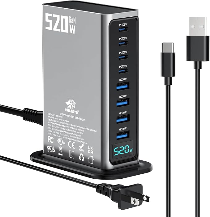 520W 8-Port USB-C Charging Station – 4×100W PD + 4×30W | Fast charger block by melasta
