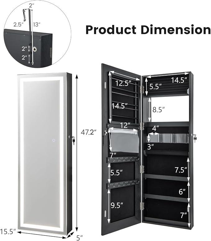 Giantex Jewelry Cabinet Armoire Door Wall Mount, 47.2in Lockable Touch Screen - Image 6