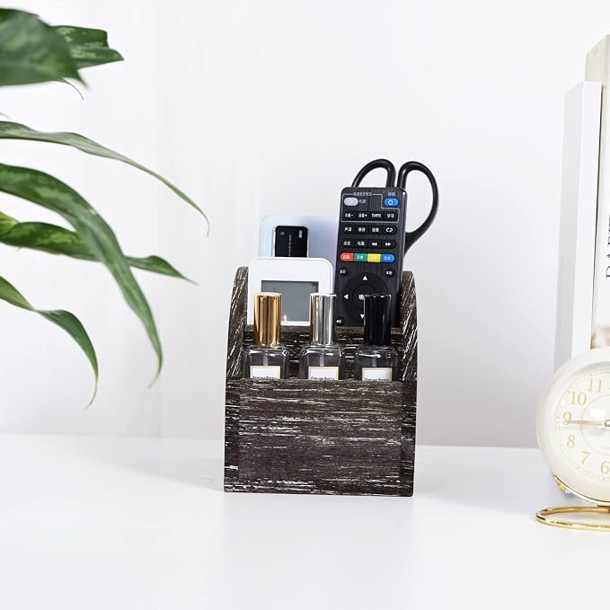 Rustic Brown Wooden Desk Organizer Farmhouse Wood Remote Control Caddy - Image 5