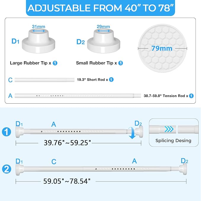 AIZESI Heavy Duty Tension Curtain Rod 40-78" Adjustable No Drill, No Slip - Image 2