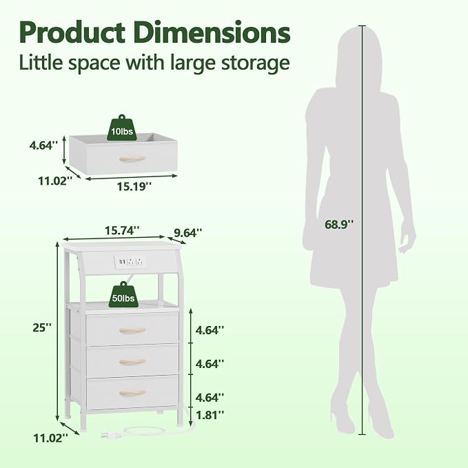 Furnulem White Nightstand with Charging Station, 3 Drawers Bedside Table | 28.3 - Image 3