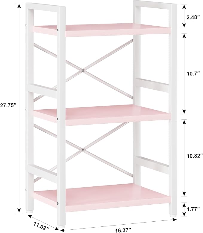 Homeiju Pink Bookshelf, 3 Tier Industrial Bookcase, Metal Small Bookcase - Image 3