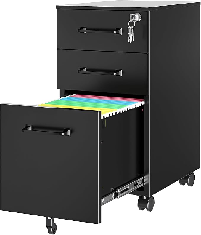 3 Drawer Slim File Cabinet, Mobile Filing Cabinet by LISSIMO