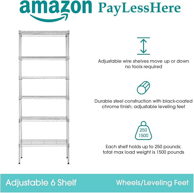 PayLessHere | 6-Tier Wire Shelf | 23"x13"x59" | Chrome | Adjustable Racks | - Image 6