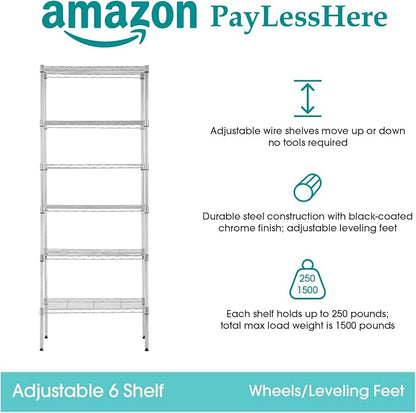 PayLessHere | 6-Tier Wire Shelf | 23"x13"x59" | Chrome | Adjustable Racks | - Image 6