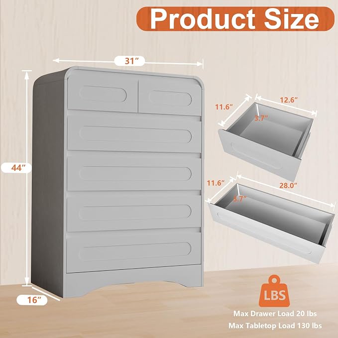 Dresser for Bedroom with 6 Drawers, Wood Closet Clothes Storage Dressers - Image 2