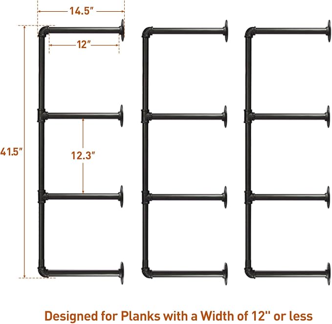 HITOMEN Industrial Iron Pipe Shelves, 3 Set 4-Tier 41.5" Tall 12" Depth - Image 3