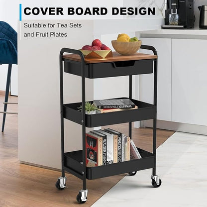 3 Tier Rolling Cart with Drawer, Metal Utility Cart on Wheels Storage Cart with - Image 4