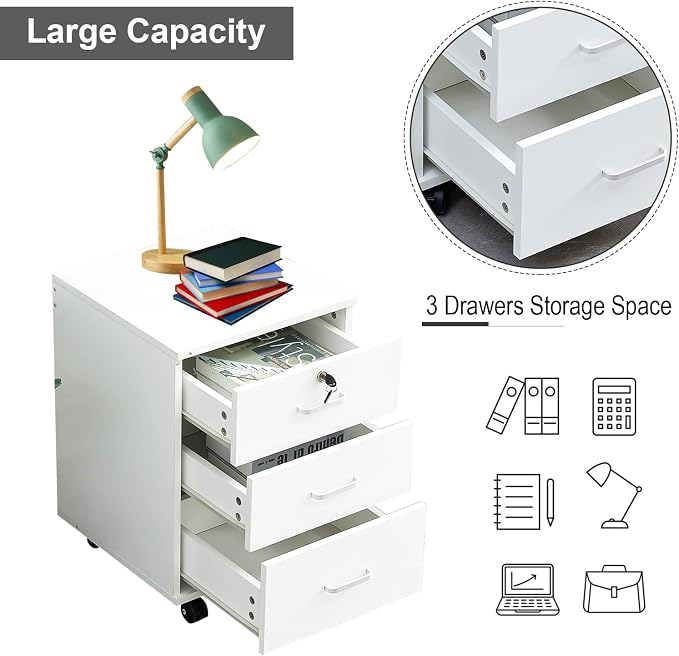 File Cabinet with Lock 3 Drawer Mobile Filing Cabinet with 360° Swivel Wheels - Image 3