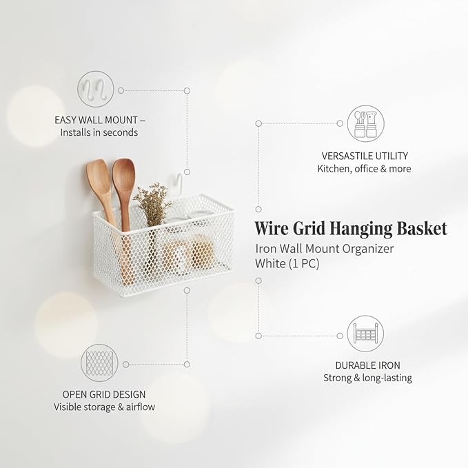 Wire Grid Hanging Basket, Iron Wall Mount Organizer - Image 5