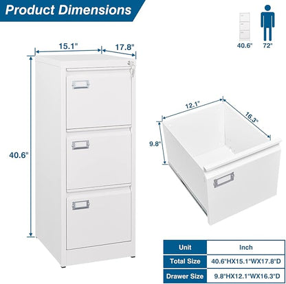 3-Drawer File Cabinet with Lock, 16.3" Deep Vertical Filing Cabinets, Metal - Image 3