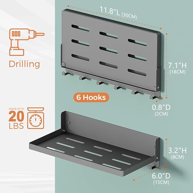 Small Folding Metal Shelf with Hooks, RV Fold-Down Wall Shelf, 6 Hooks - Image 3