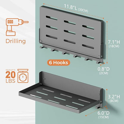 Small Folding Metal Shelf with Hooks, RV Fold-Down Wall Shelf, 6 Hooks - Image 3