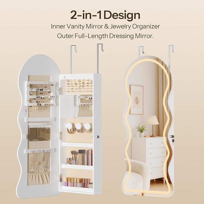 HOOBRO LED Mirror Jewelry Cabinet, Wall/Door Mounted Jewelry Organizer - Image 8