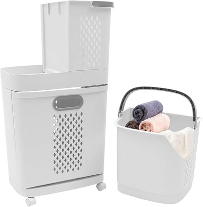 Laundry Basket with Wheels 2 Tier Plastic Rolling Laundry Hamper 3 Section by ZXTINGSHOP