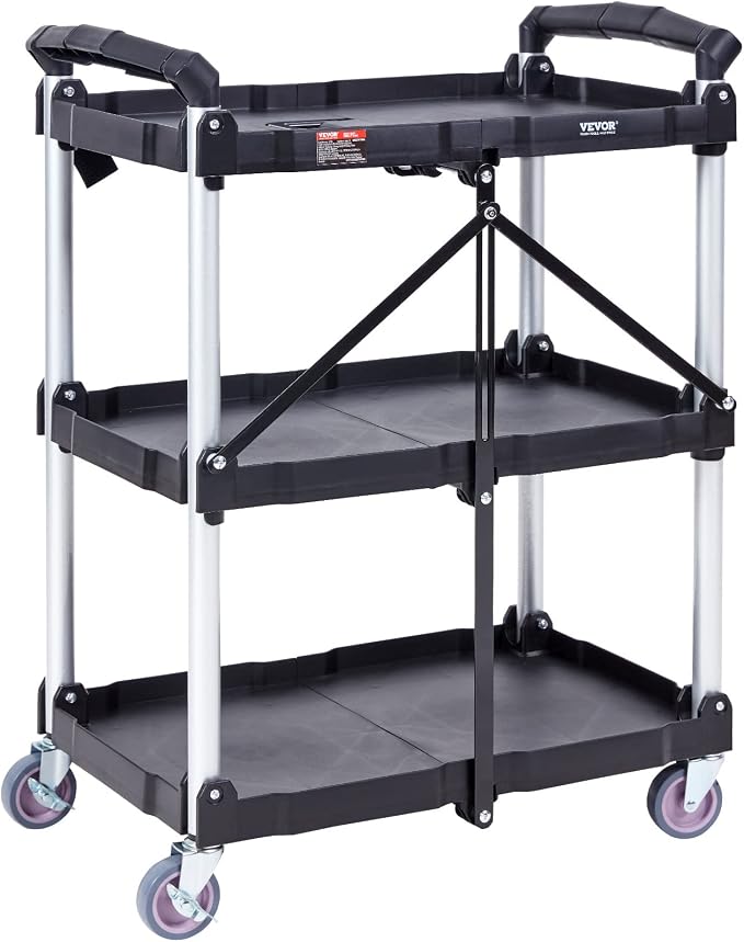 VEVOR Foldable Utility Service Cart, 165LBS 3 Shelf Heavy Duty Plastic Rolling - Image 4