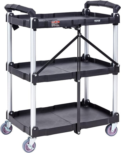 VEVOR Foldable Utility Service Cart, 165LBS 3 Shelf Heavy Duty Plastic Rolling - Image 4