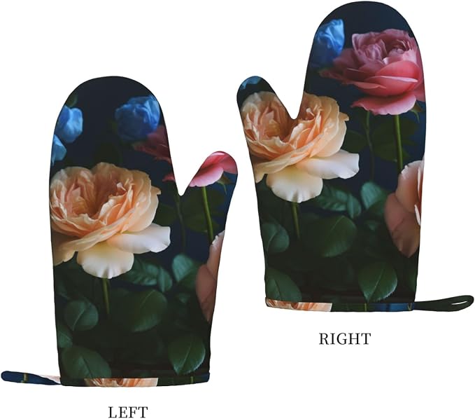 Garden Roses Print Oven Mitts Set of 2, Heat Resistant Silicone Oven Mittens - Image 2